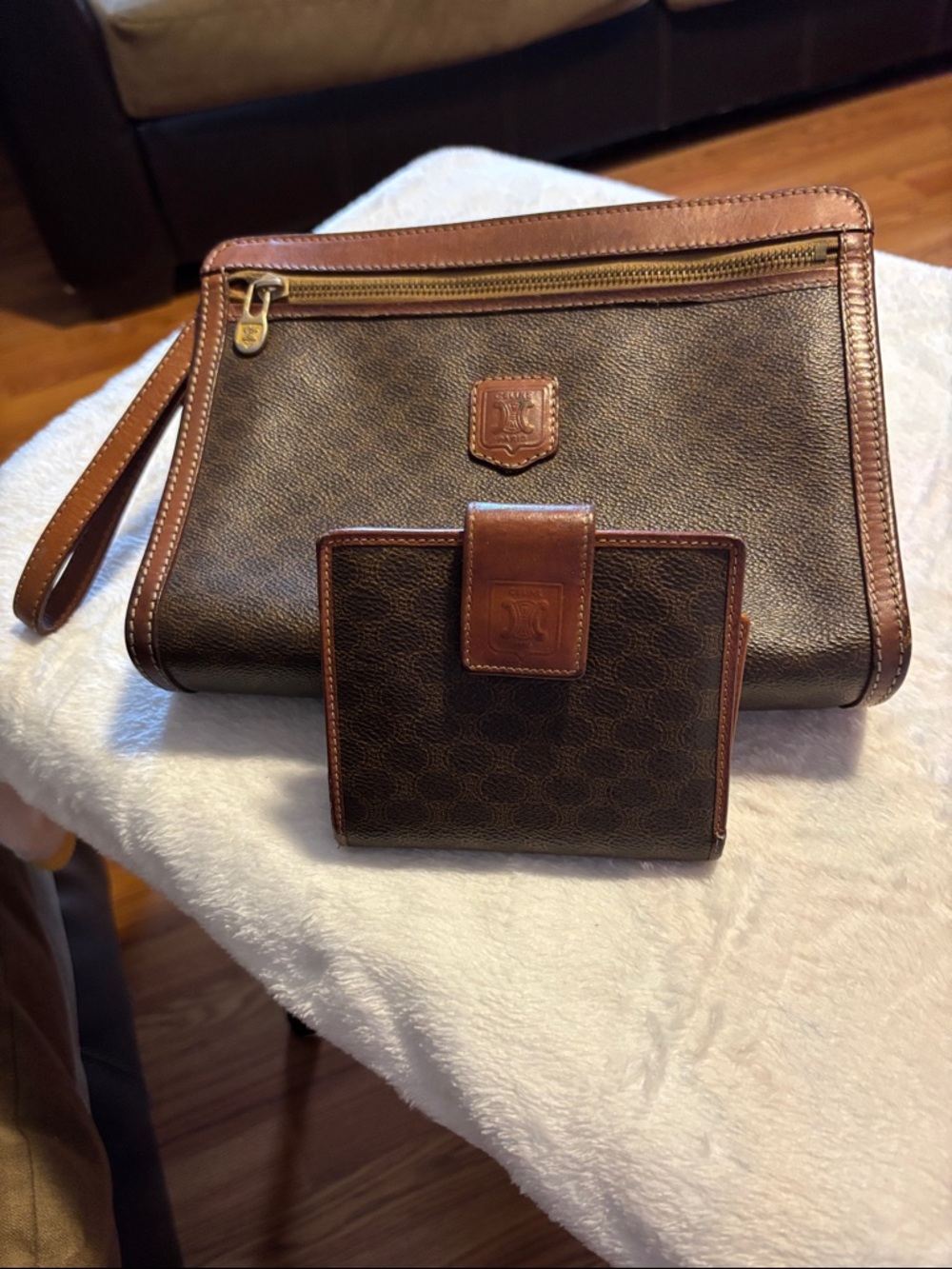 Celine Brown Leather-Trim Toiletry Wristlet with Matching Card Wallet